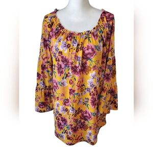 Dear Scarlett Nashville Mustard Pink Floral Top Long Sleeve Smocked Neck Size L